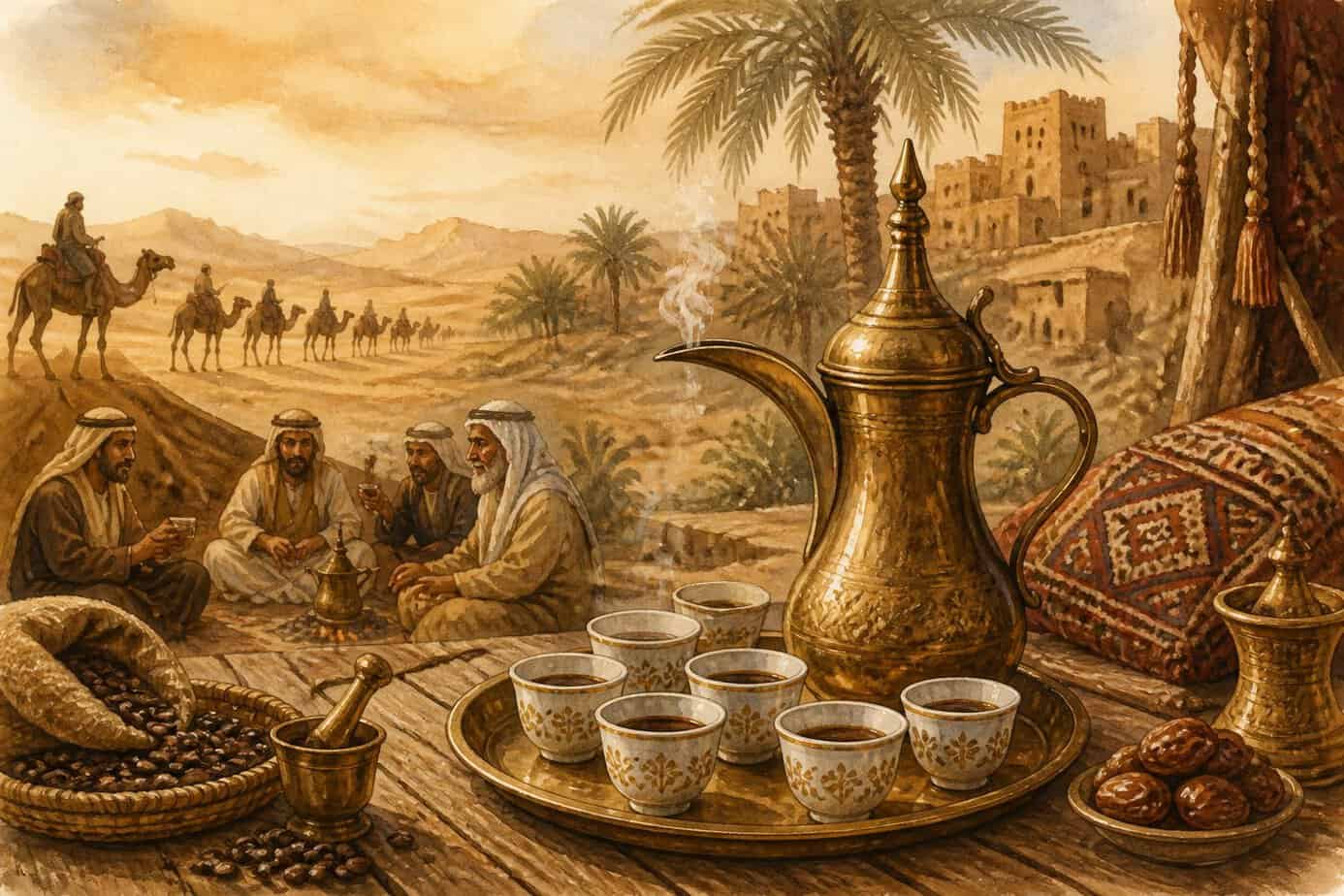 إبريق قهوة عربية وأكواب صغيرة على طاولة خشبية مع خلفية صحراوية ونخلة