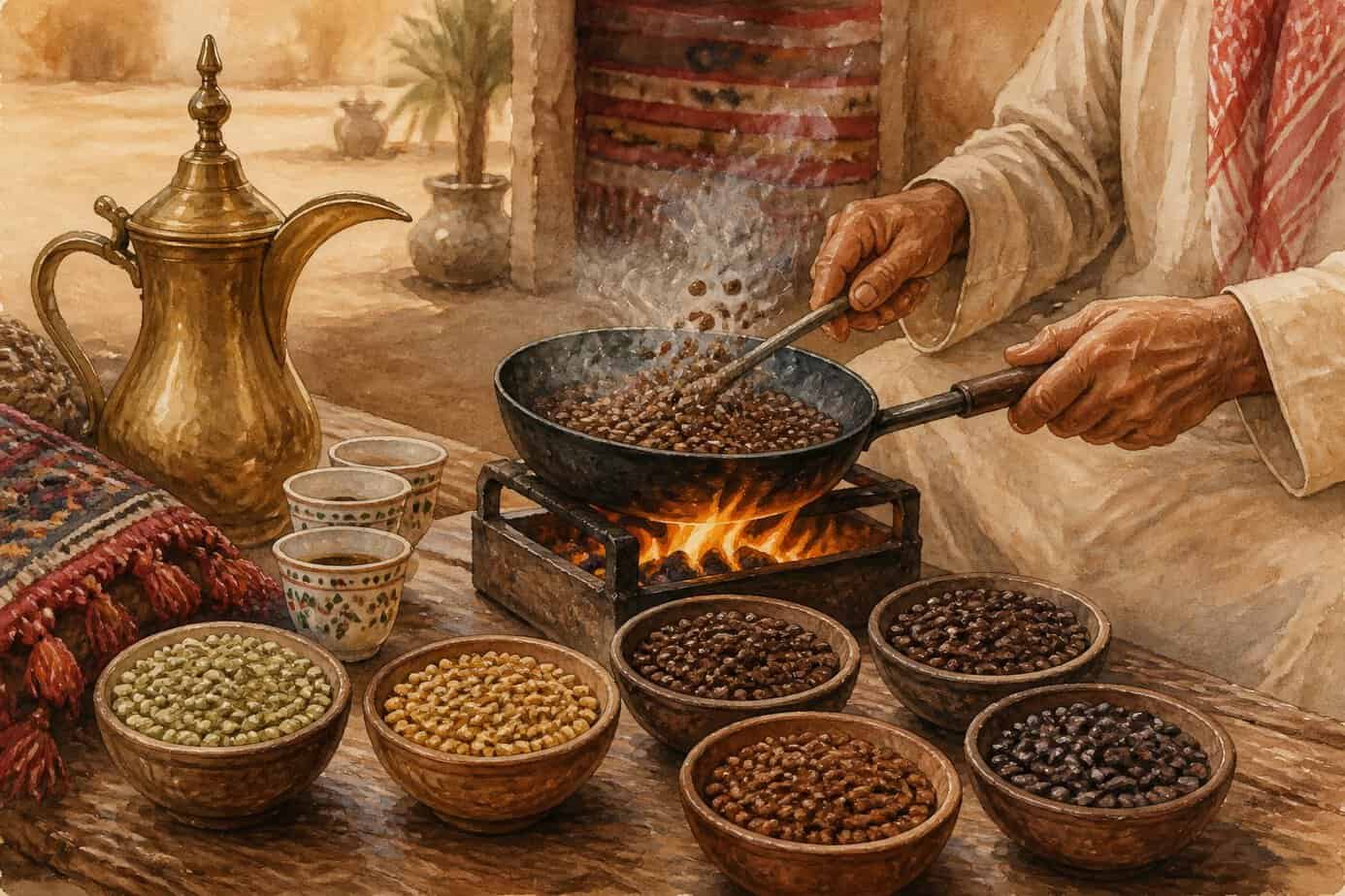 عملية تحميص حبوب البن العربية مع أوعية تحتوي حبوبًا مختلفة وأدوات تقليدية