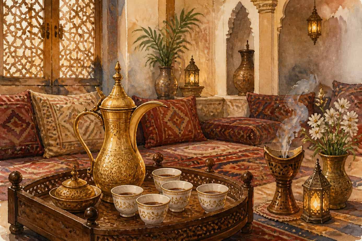 تقديم القهوة العربية في مجلس تقليدي مزيّن بوسائد وسجاد وزينة عربية