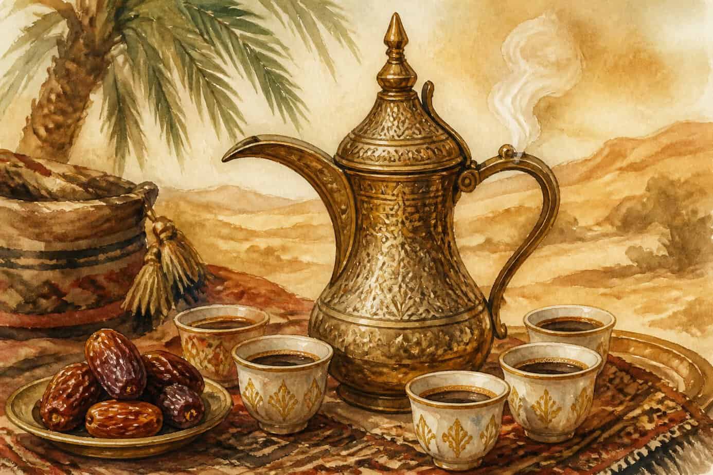 إبريق قهوة عربية مزخرف مع فناجين صغيرة وطبق تمر محاط بعناصر طبيعية