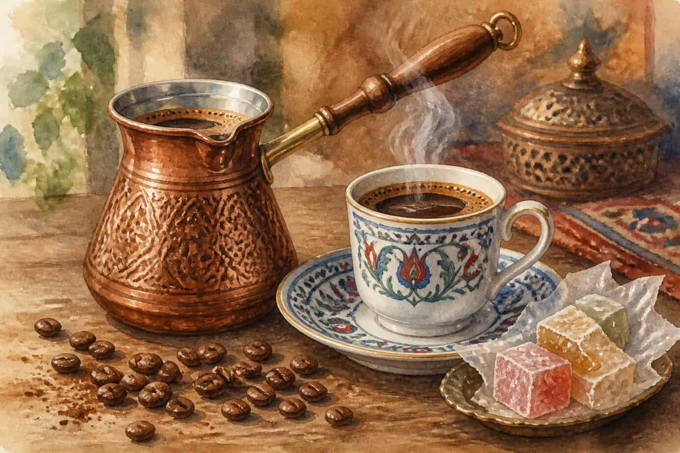 إبريق قهوة تركية نحاسي مع فنجان صغير مليء بالقهوة على طاولة خشبية