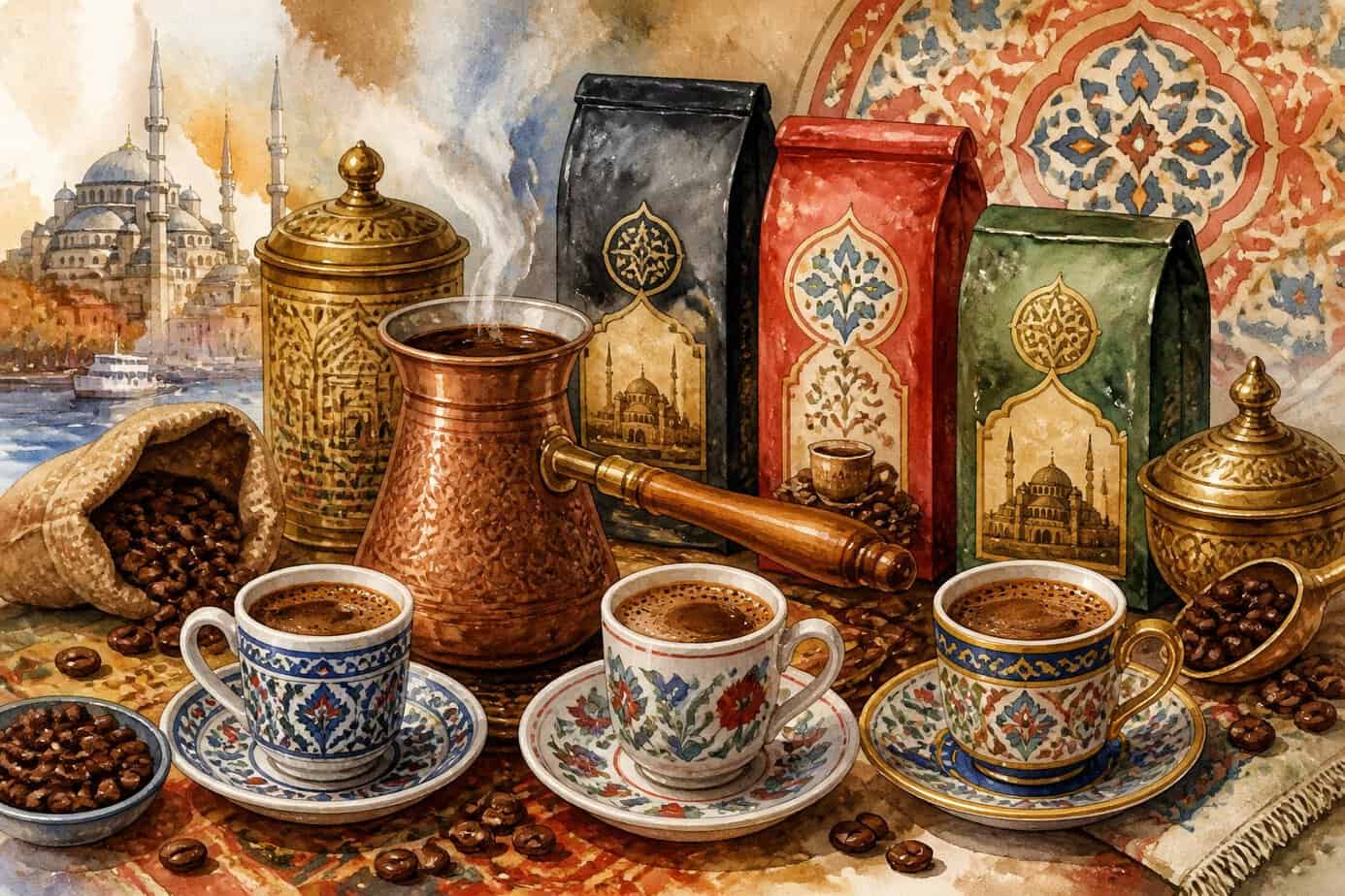مجموعة من فناجين القهوة التركية ووعاء قهوة مع حبوب القهوة