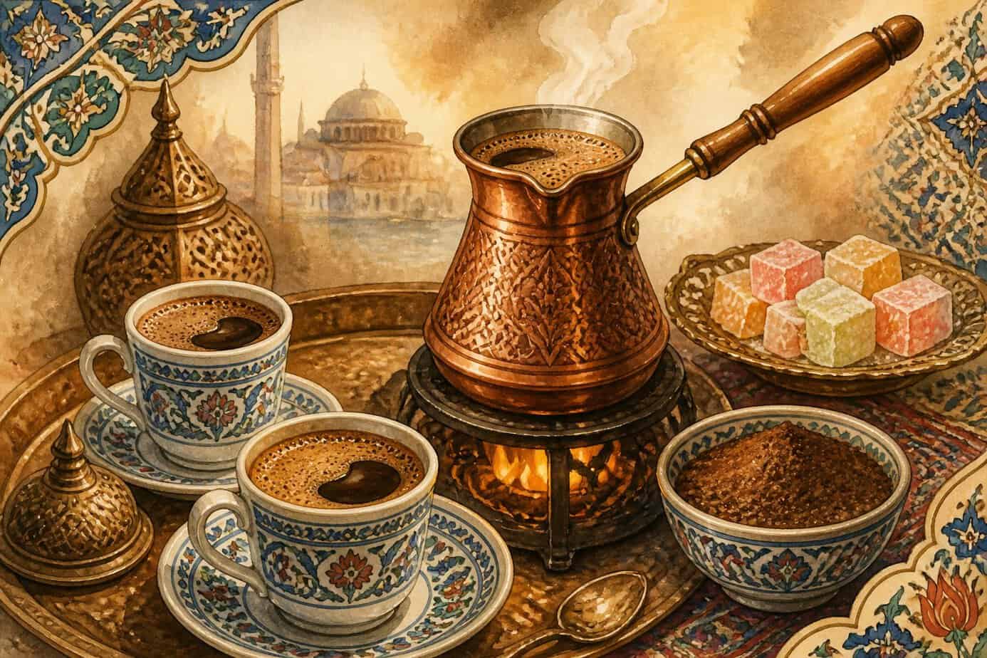 إبريق قهوة تركية تقليدي مع فناجين قهوة وحبات قهوة وحلوى