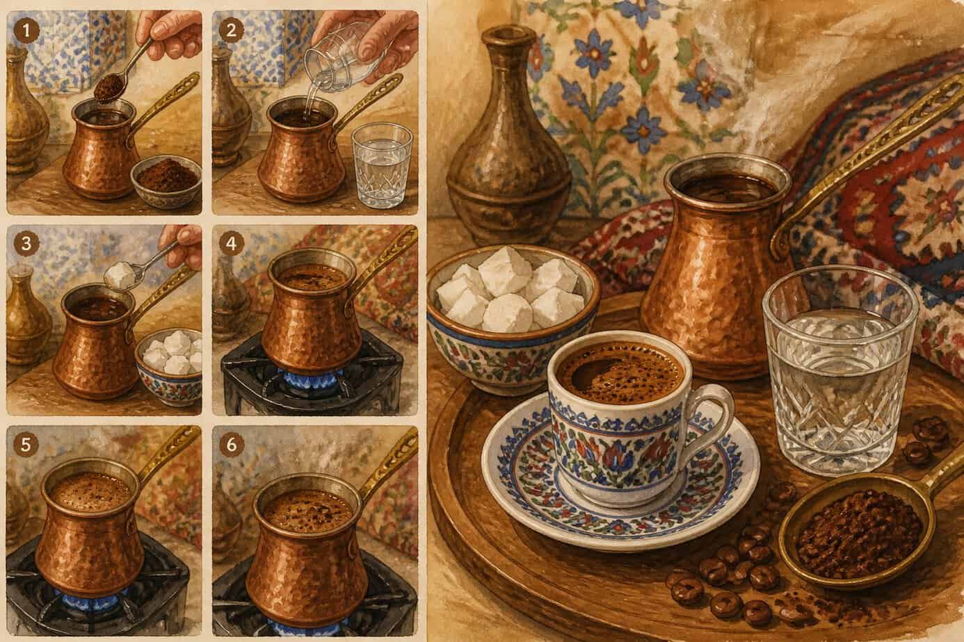 مشهد لإعداد القهوة التركية مع إبريق نحاسي وفنجان قهوة