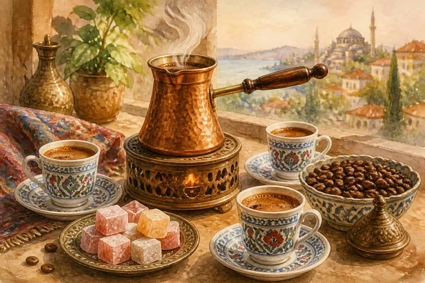 ترتيب قهوة تركية تقليدية مع إبريق نحاسي وأكواب صغيرة وحلوى