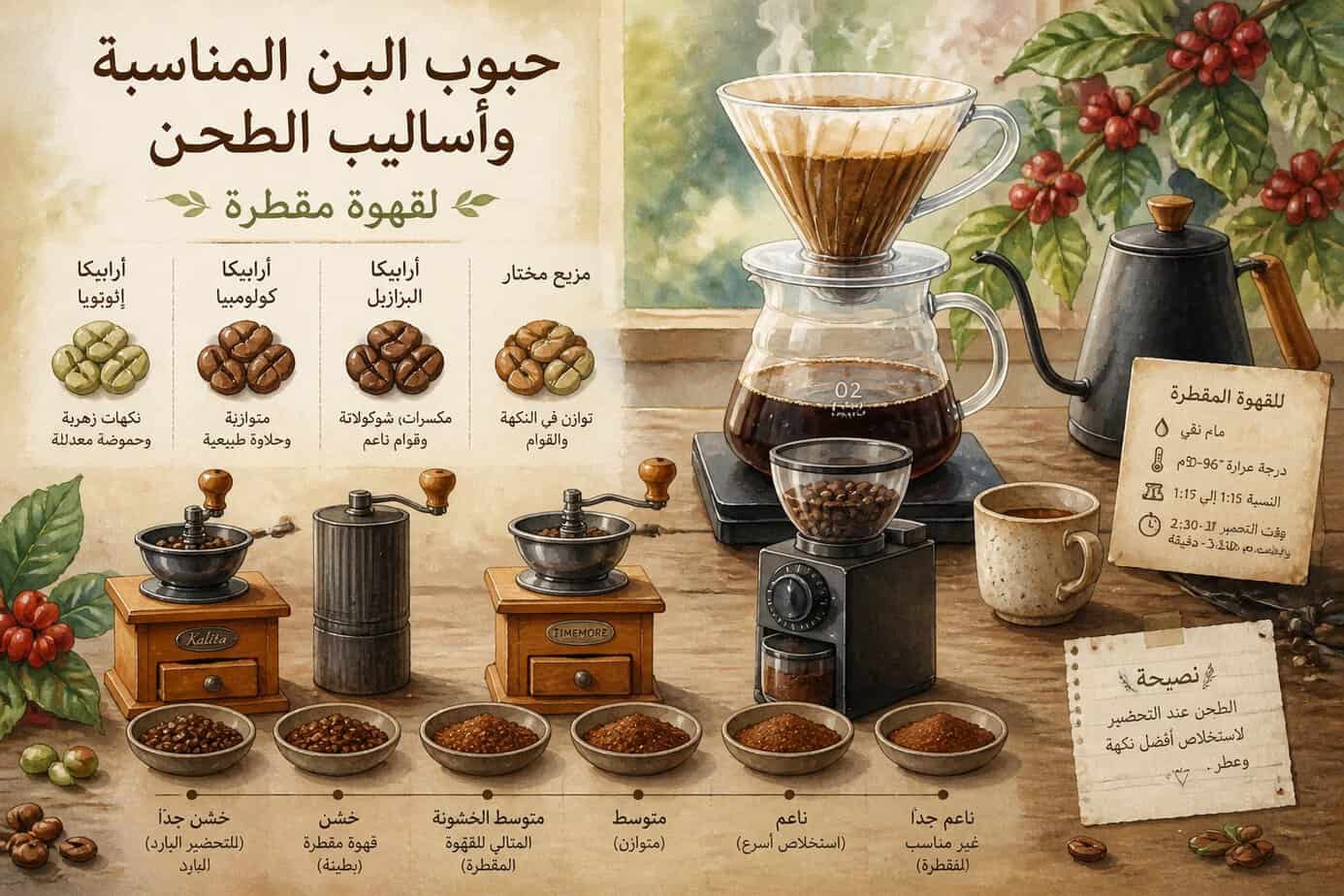 حبوب بن مختلفة وأدوات طحن القهوة على طاولة