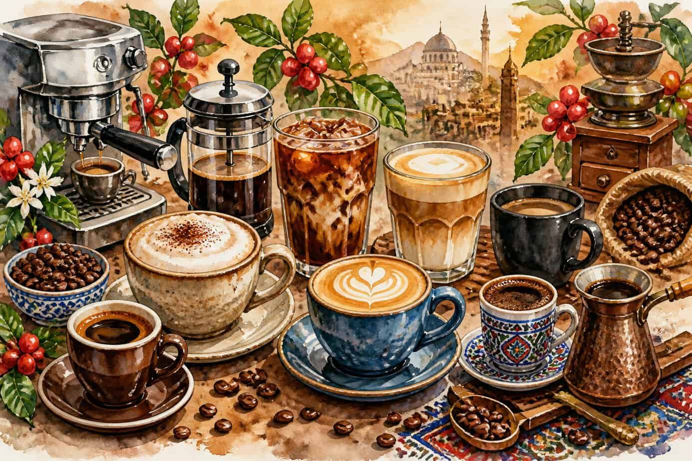 أنواع القهوة: دليل شامل لأشهر المشروبات والحبوب وطرق التحضير 6 مجموعة متنوعة من فناجين القهوة المختلفة مع حبوب البن وأدوات صنع القهوة