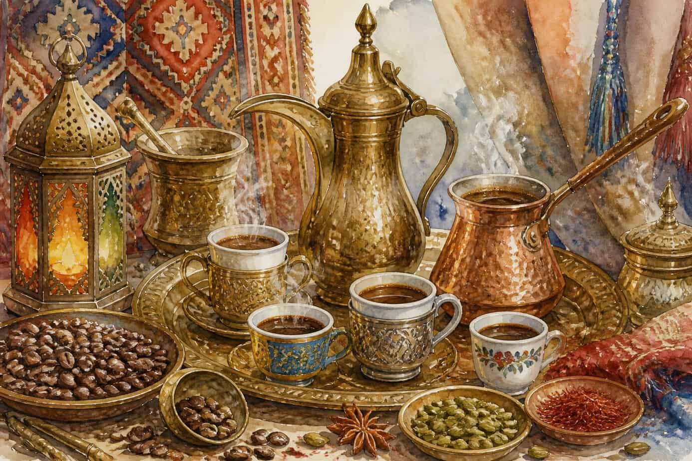 أنواع القهوة: دليل شامل لأشهر المشروبات والحبوب وطرق التحضير 7 طاولة قهوة تقليدية تضم أباريق وأكواب قهوة عربية وتركية وتوابل