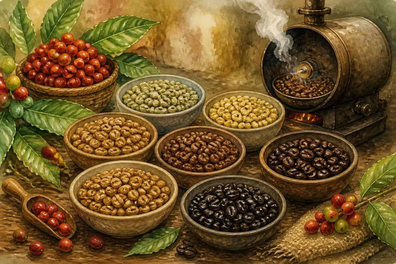 أنواع القهوة: دليل شامل لأشهر المشروبات والحبوب وطرق التحضير 9 أنواع مختلفة من حبوب البن في مراحل تحميص متعددة