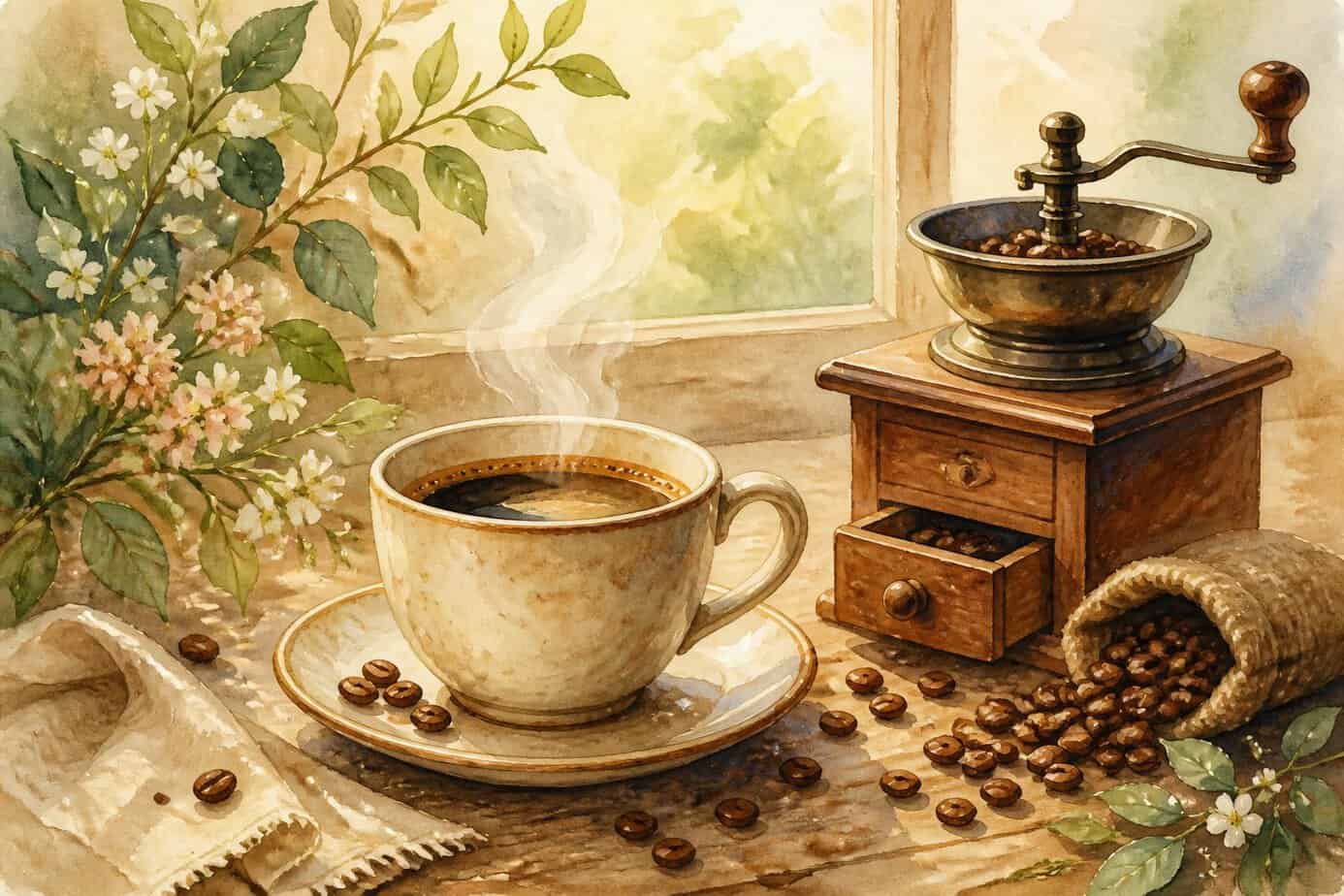 أغلى قهوة في العالم: أندر الأنواع وأسباب ارتفاع أسعارها 5 كوب قهوة يعلوه بخار على طاولة خشبية مع حبوب قهوة ومطحنة صغيرة