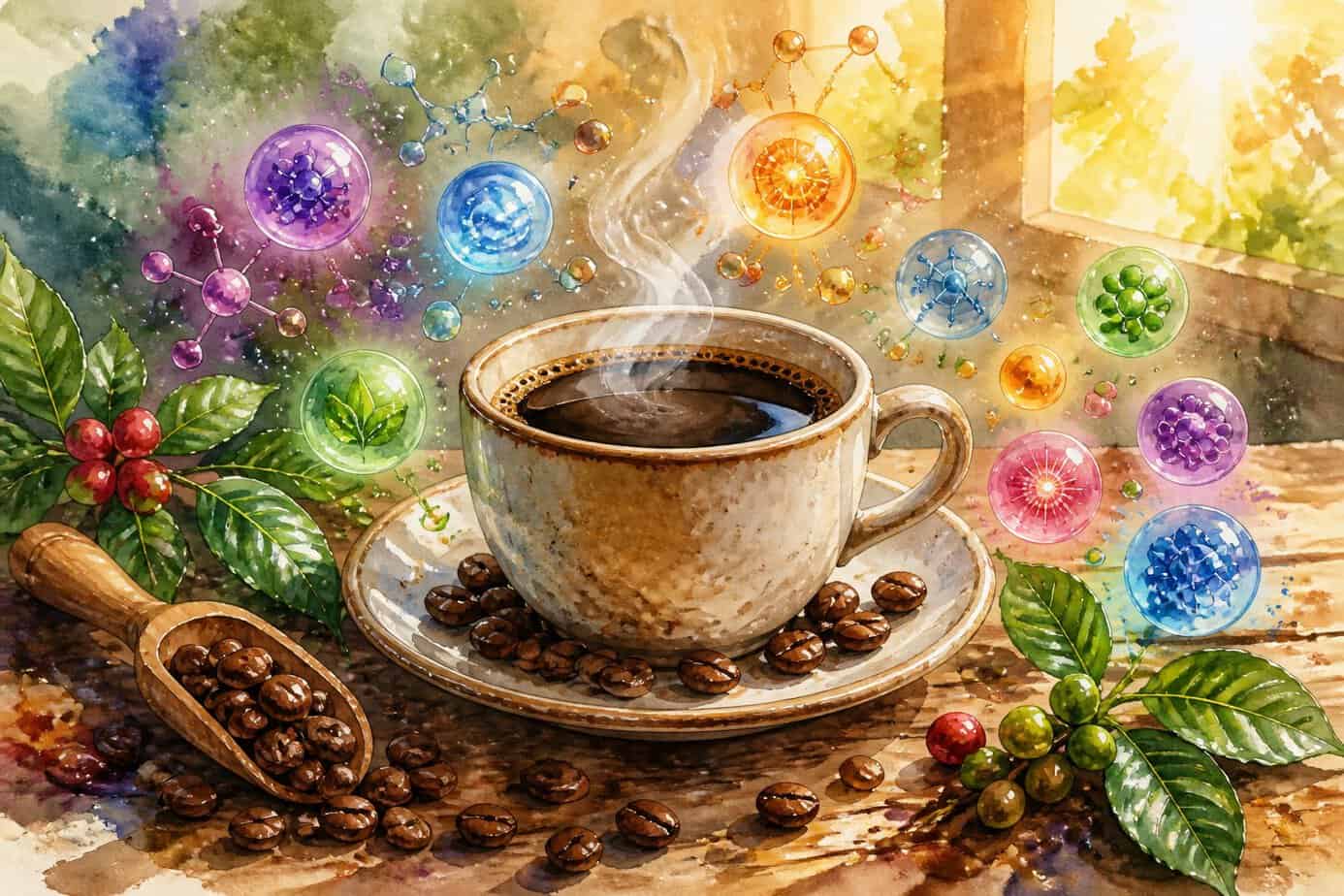 فنجان قهوة وحبوب البن على طاولة